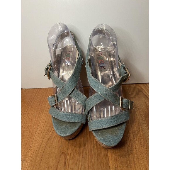 Heckik Shoes Womens Size 8.5 Blue Denim Cross Strap Platform High Heel Sandals - Picture 2 of 10
